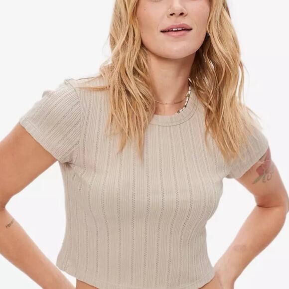 American Eagle AE Cropped Pointelle Hey Baby Tee Oatmeal Cream size XL - Picture 1 of 9